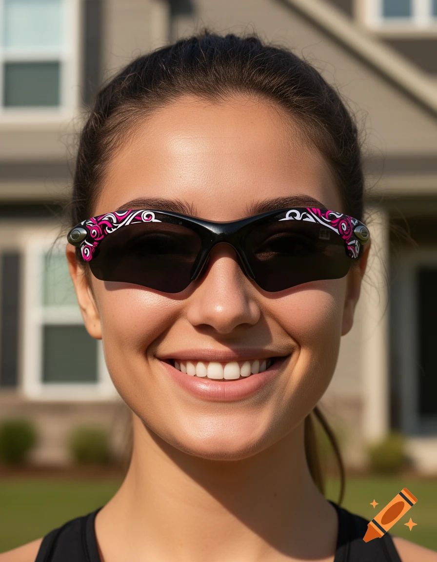 Close-up portrait of a smiling woman wearing black wrap-around sporty sunglasses with pink and white tribal graphics.