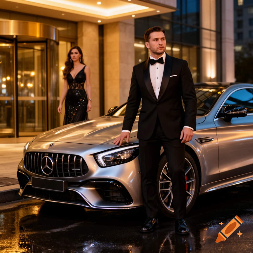Photorealistic image of a man in a black tuxedo posing next to a luxury silver Mercedes-AMG, with a woman in a black dress in the background.
