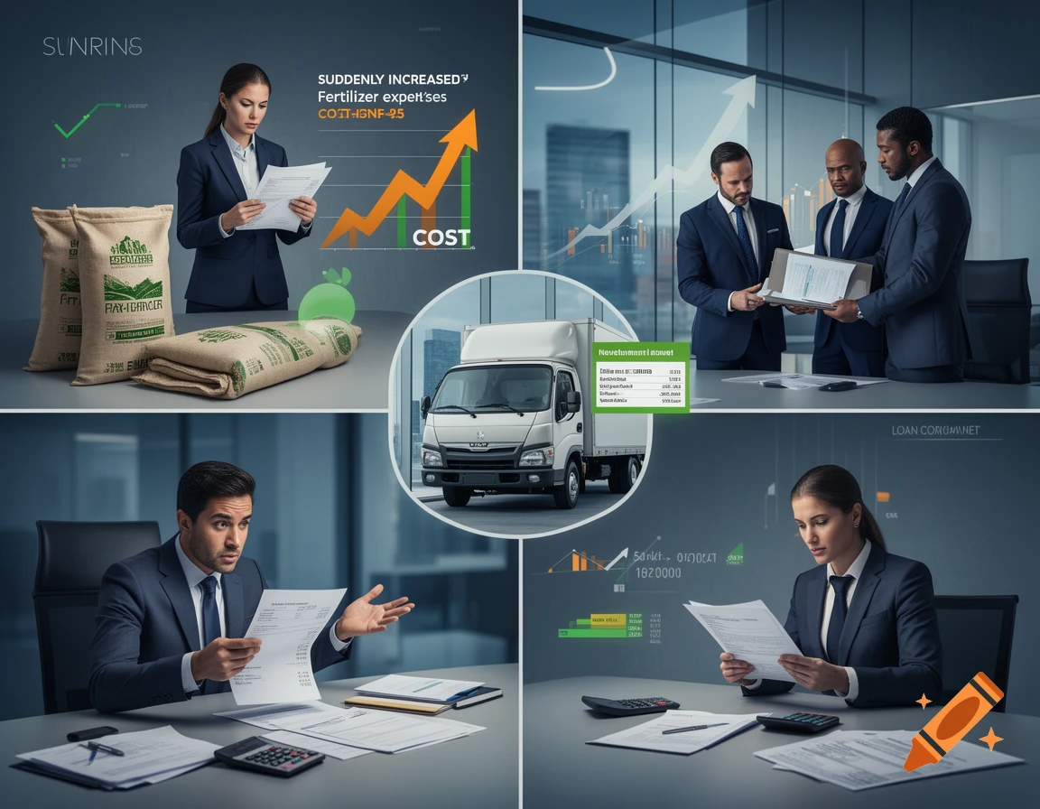 Collage of business scenes featuring people reviewing documents, charts, and a delivery truck.