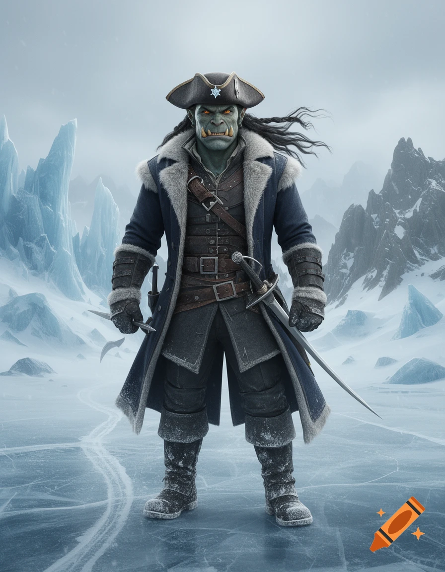 Full-body portrait of a half-orc rogue in a pirate hat and fur-lined coat standing on an icy landscape.