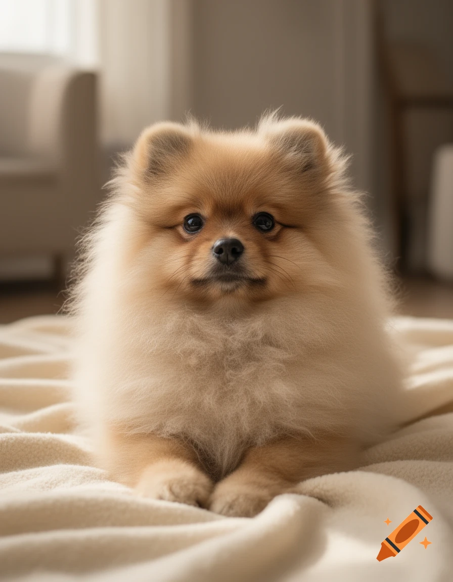Close-up photorealistic portrait of a fluffy Pomeranian dog lying on a white blanket.