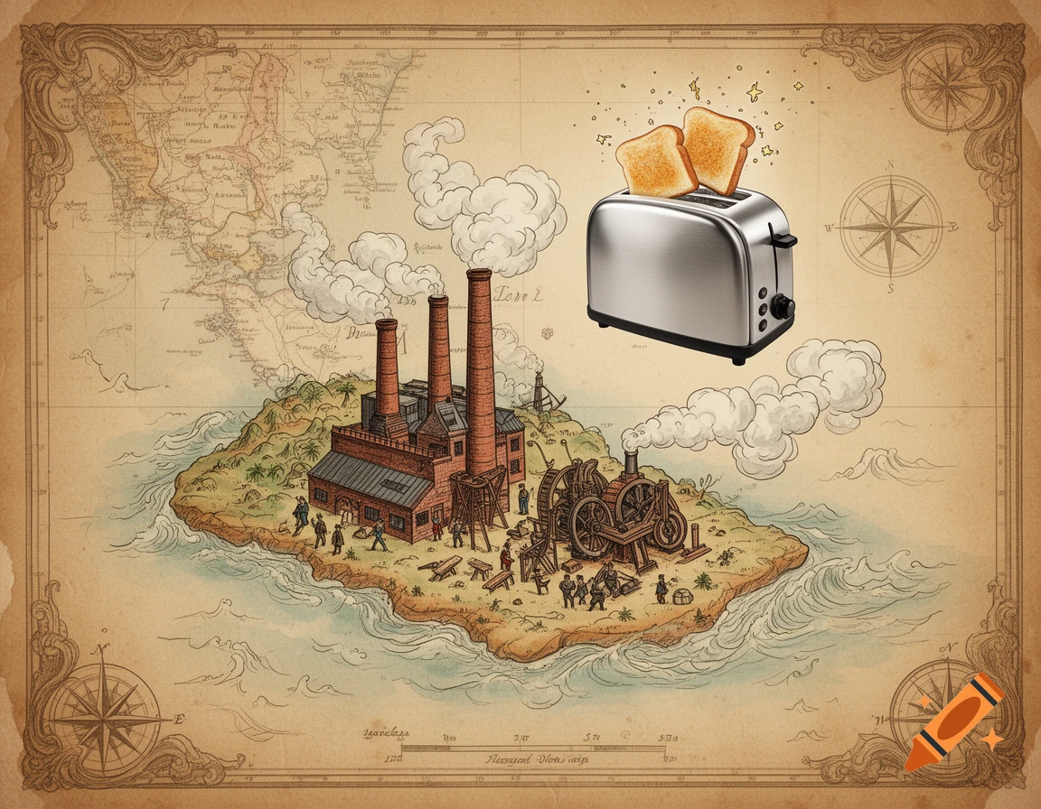 Surreal vintage map of Madagascar featuring an industrial factory island and a floating toaster in the sky, illustration.