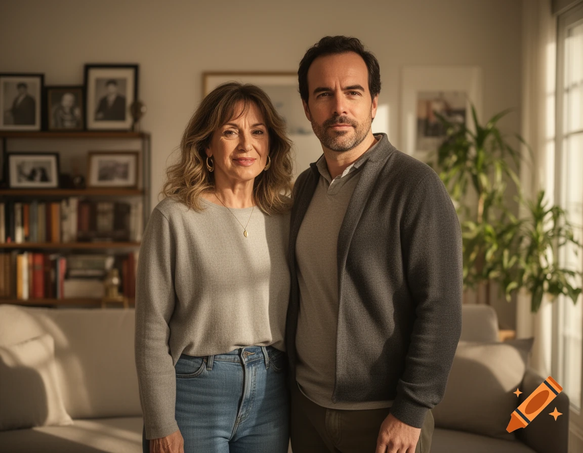 Photorealistic portrait of a middle-aged man and woman standing together in a living room.
