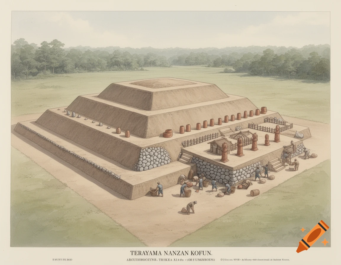 Watercolor archaeological illustration of a stepped Kofun tomb with workers and haniwa pottery.