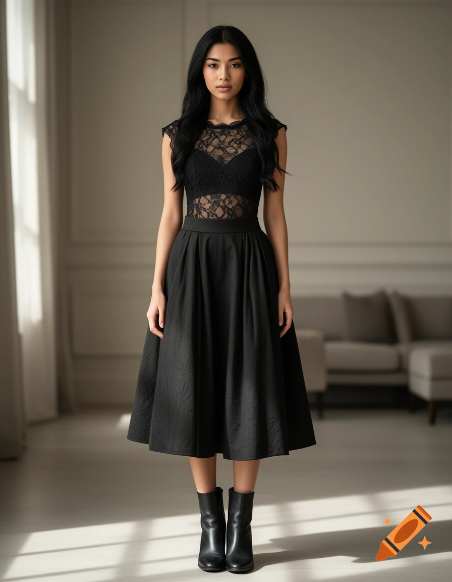 Photorealistic full-body portrait of a young woman with black hair, wearing a black lace bodysuit and a black midi skirt with black boots.