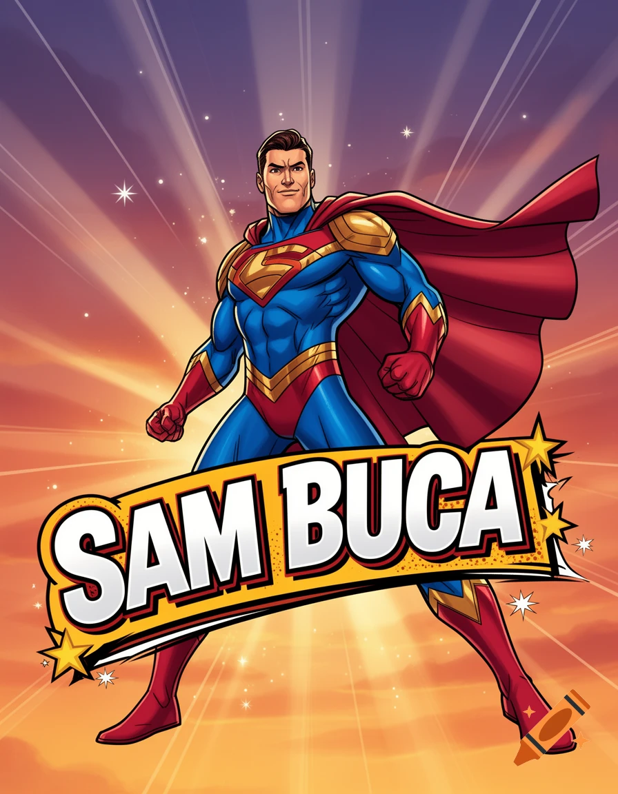 Cartoon promo shot of a male superhero with a red cape and blue suit standing behind a banner reading SAM BUCA.