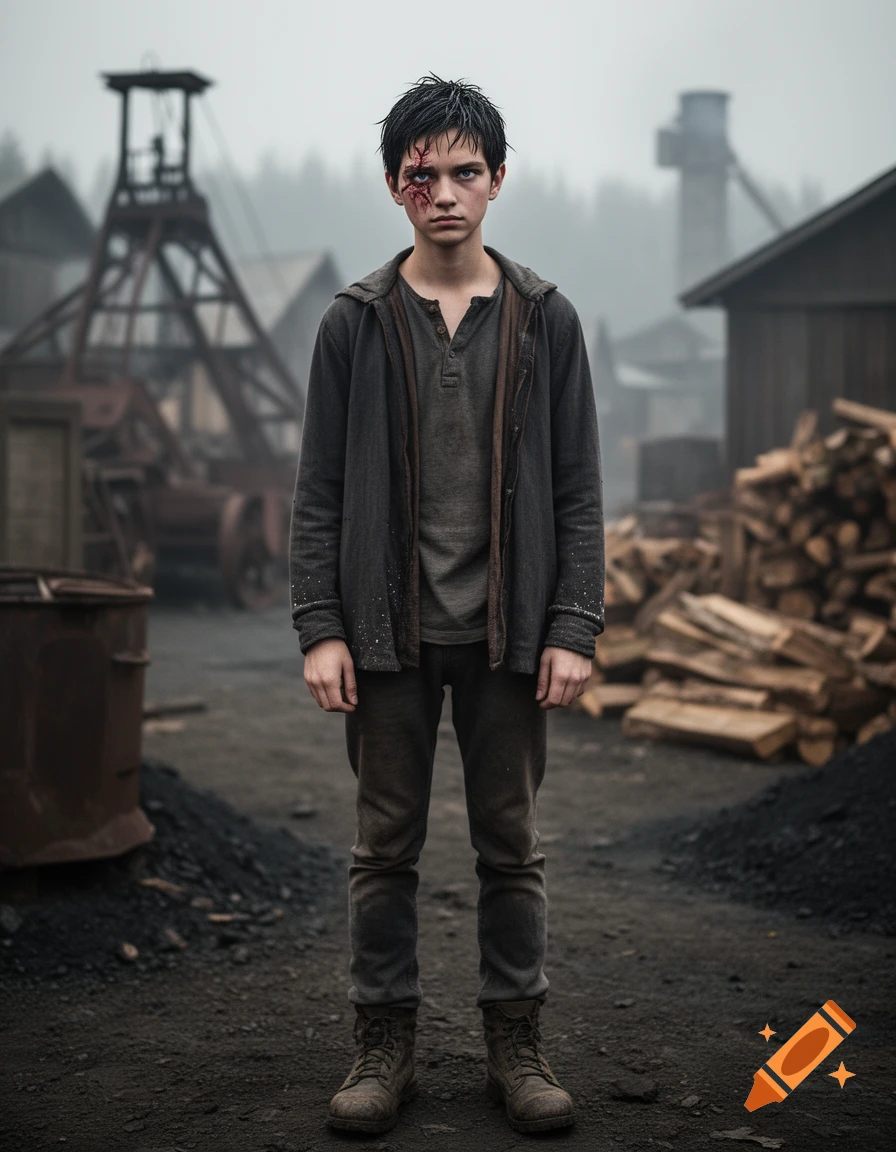 Photorealistic full-body portrait of a young male tribute with messy black hair, a scarred face, and dark clothes in an industrial setting.
