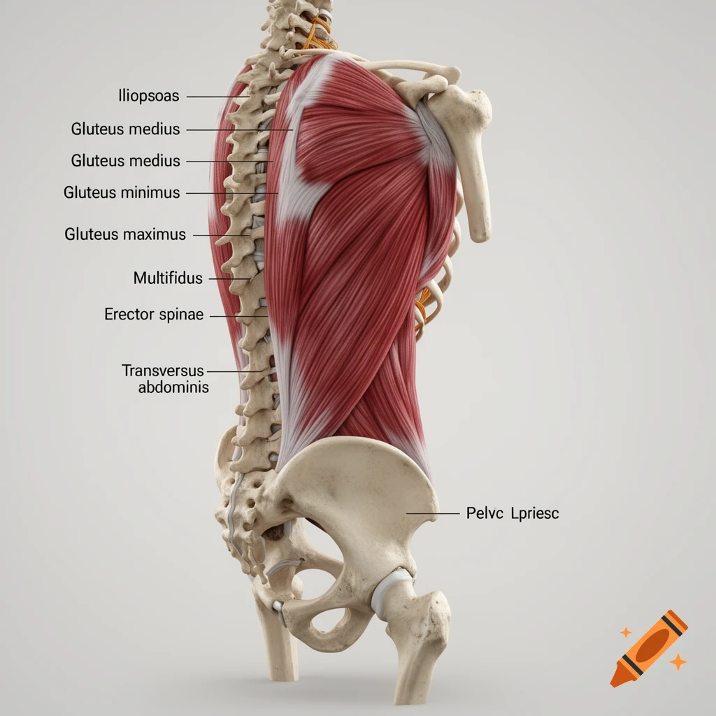 3D medical illustration showing human spine, pelvis, and back muscles with labels.