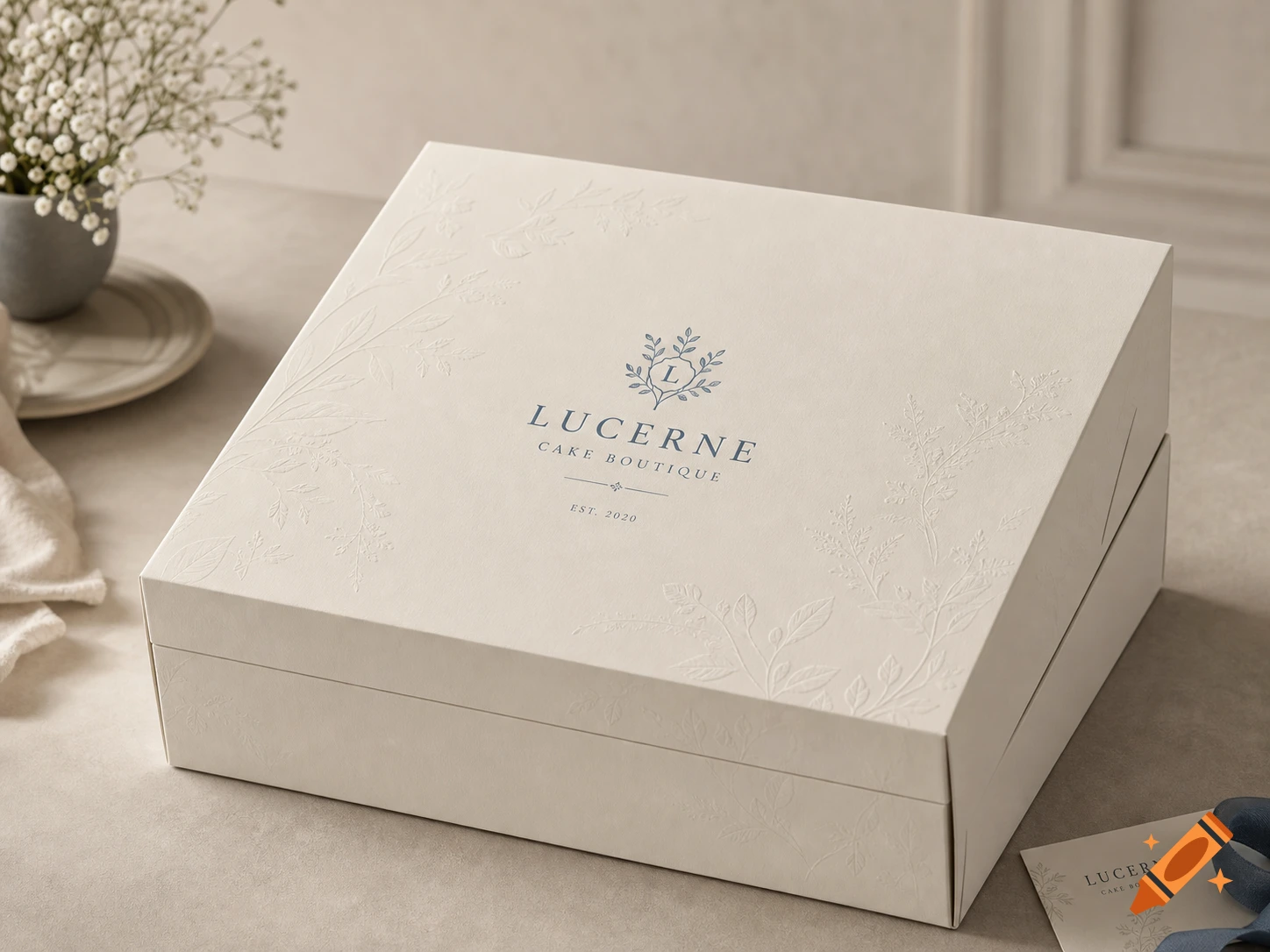 Photorealistic luxury cake box mockup with off-white matte cardboard, slate blue logo, and blind-embossed botanical details on a table.