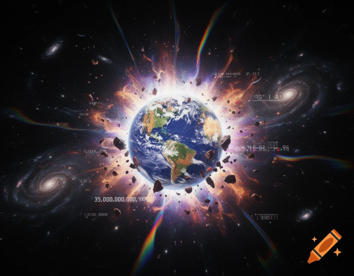 Planet Earth exploding in space surrounded by debris, galaxies, and cosmic energy bursts with distorted numbers.