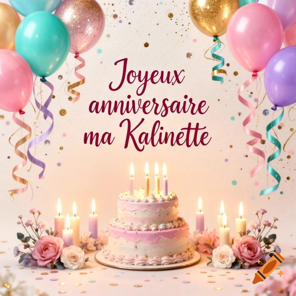 Birthday card with pink and blue balloons, a two-tier cake with candles, flowers, and the French text Joyeux anniversaire ma Kalinette.