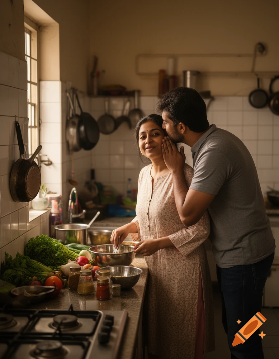 Photorealistic scene of a man kissing a woman on the cheek while she cooks in a kitchen.