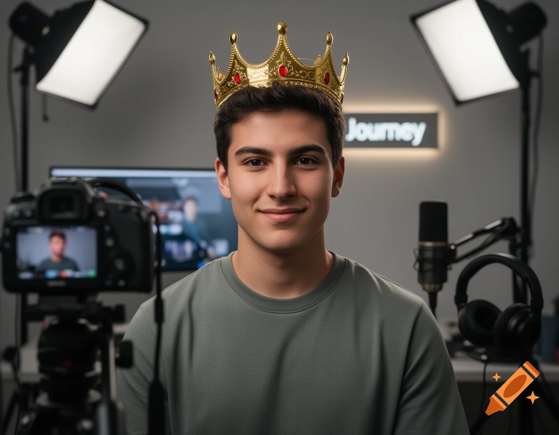 Photorealistic portrait of a young man wearing a gold crown in a recording studio with camera and lights.