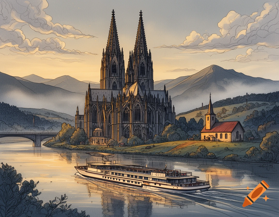 Detailed illustrated view of the Cologne Cathedral next to a river with a cruise ship and a small chapel in the background, drawing style.