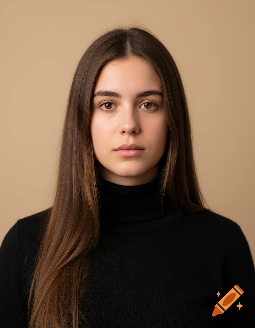 Photorealistic portrait of a young woman with long brown hair and brown eyes wearing a black turtleneck against a beige background.