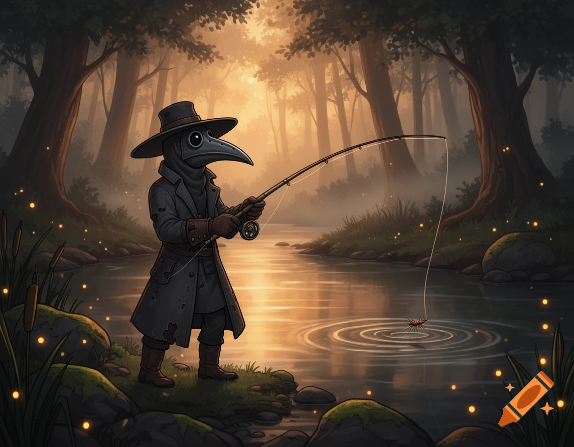Cartoon plague doctor in a plague mask and dark coat fishing with a rod in a misty forest river.