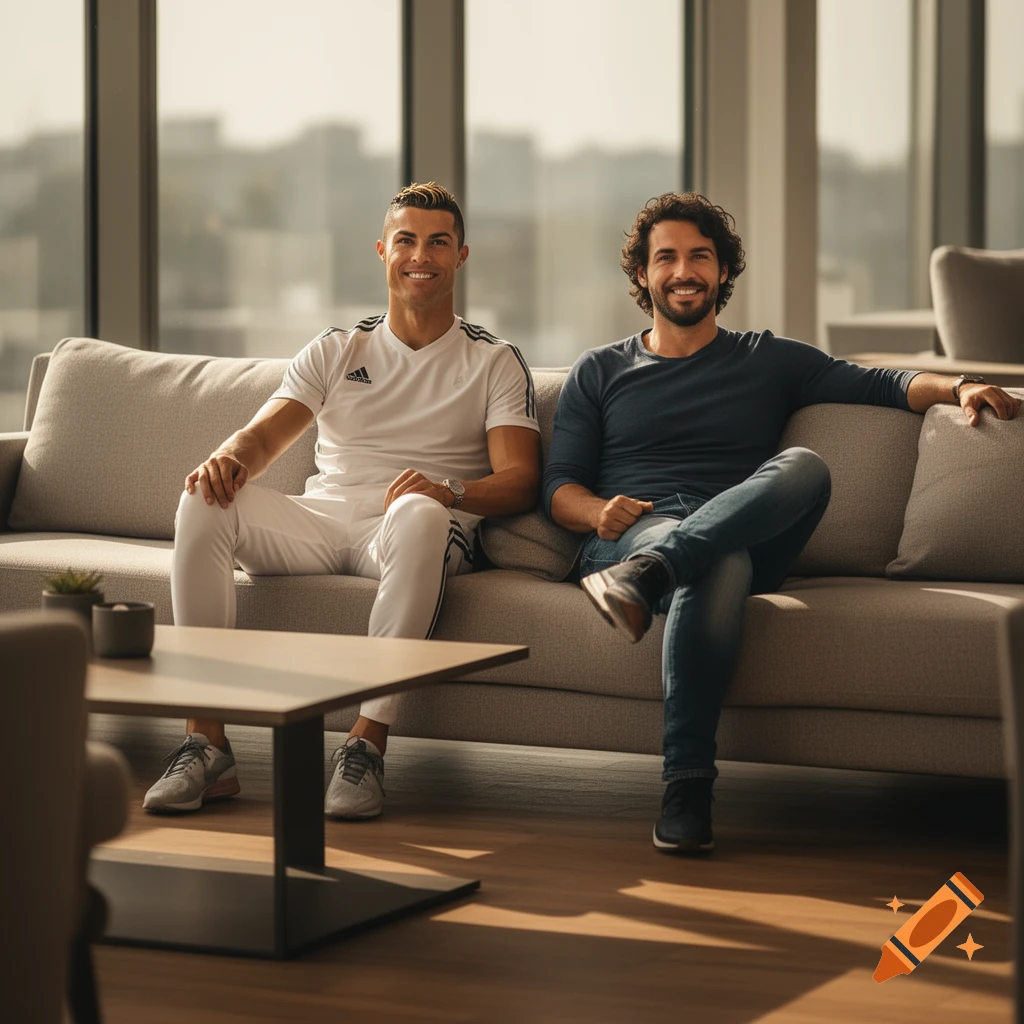 Photorealistic image of Ronaldo and Kaka sitting and smiling together on a grey sofa in a modern office.