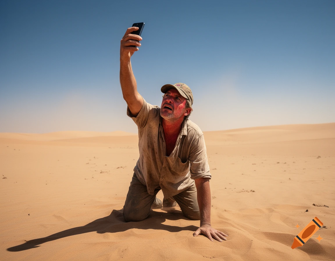 Photorealistic image of a tired man in a baseball cap kneeling in a desert holding a smartphone up to search for signal.