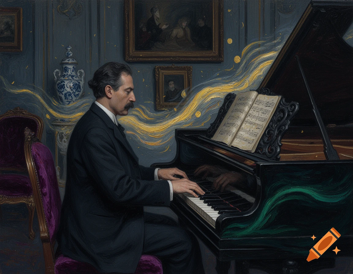 Historical oil painting of Claude Debussy playing the piano in a moody room with swirling golden and green brushstrokes.