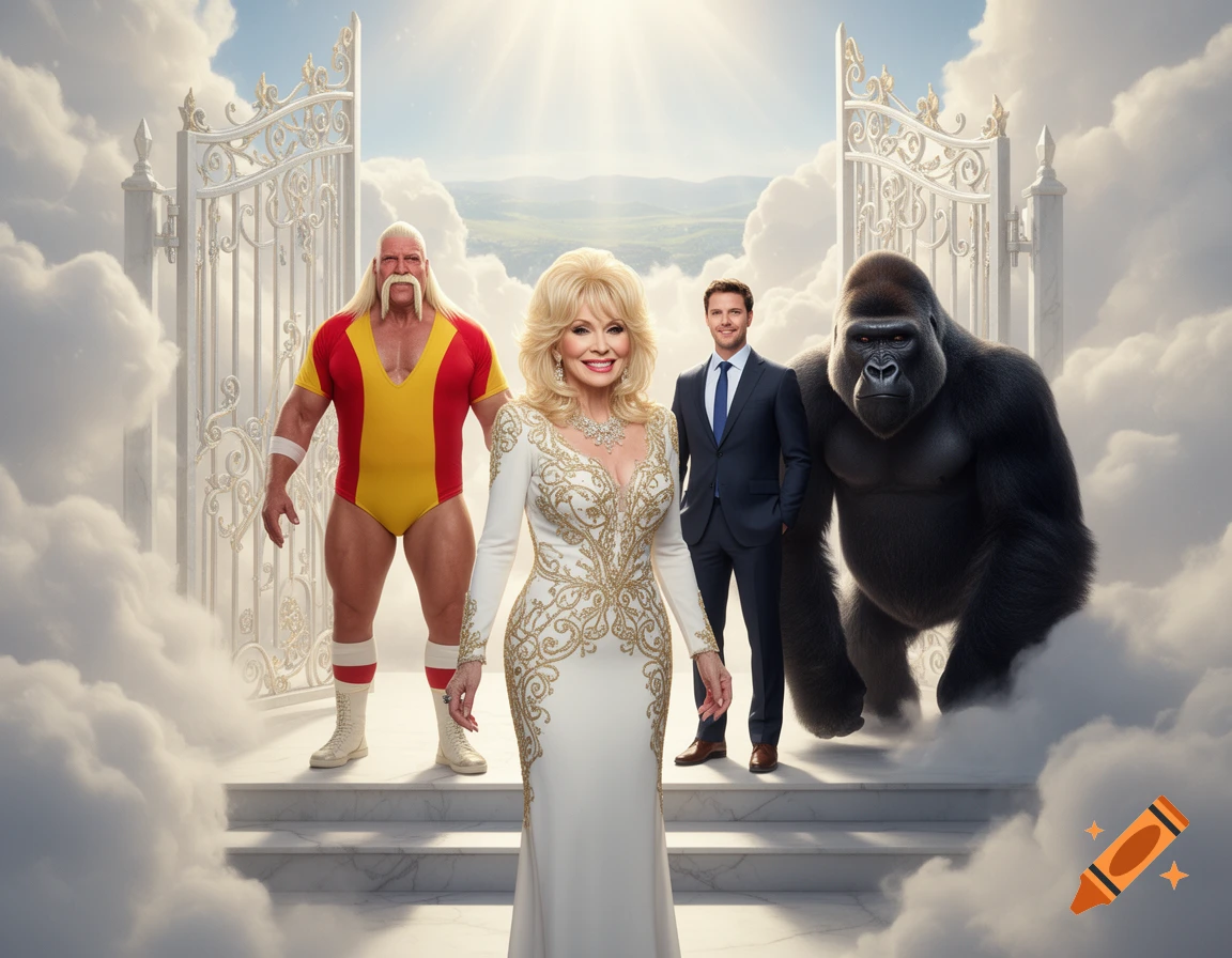Photorealistic image of Dolly Parton, Hulk Hogan, Charlie Kirk, and Harambe standing in front of the pearly gates of heaven.