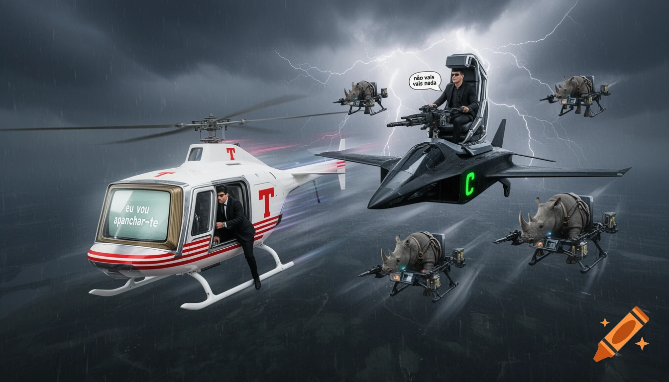 A futuristic action scene with a white helicopter, a black jet with a spy in a chair, and armed rhinos on drones during a thunderstorm.