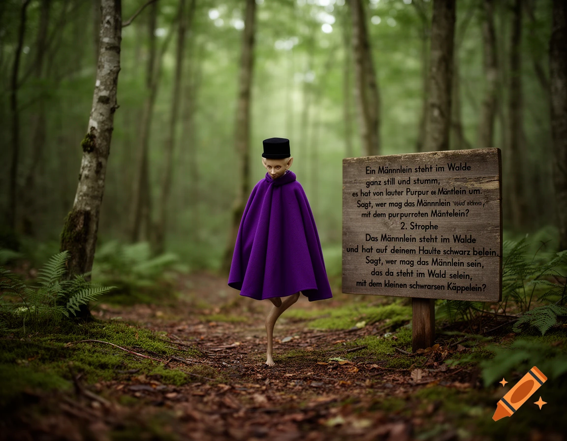 A tiny fantasy creature in a top hat and purple cloak standing on one leg in a forest next to a wooden sign with German text.