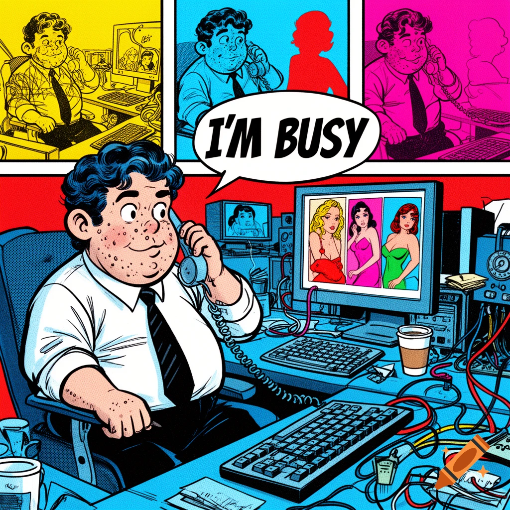 Warhol style cartoon of a chubby IT man in a tie talking on a phone saying I'm busy while looking at pictures on a computer