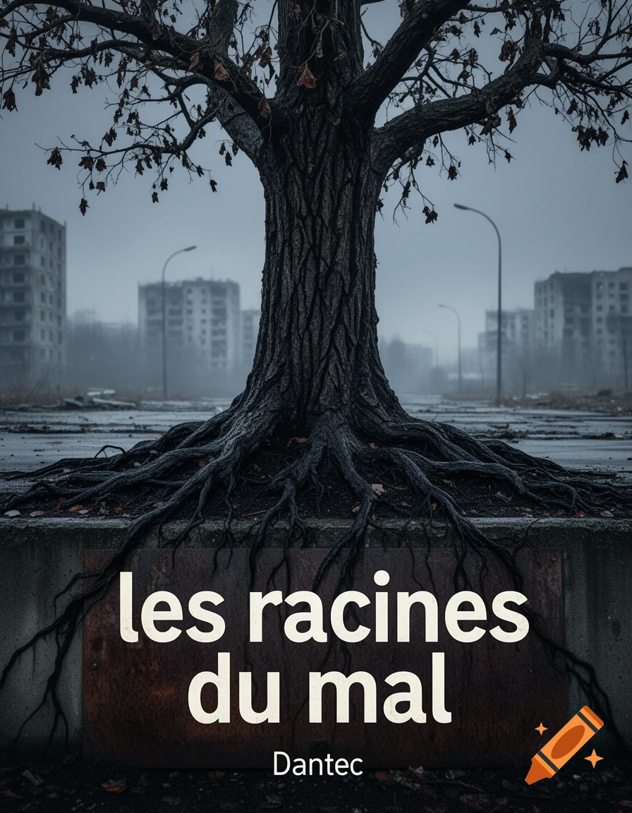 A dark, eerie tree with sprawling roots breaking through concrete, featuring the text les racines du mal and Dantec, in a foggy urban setting.