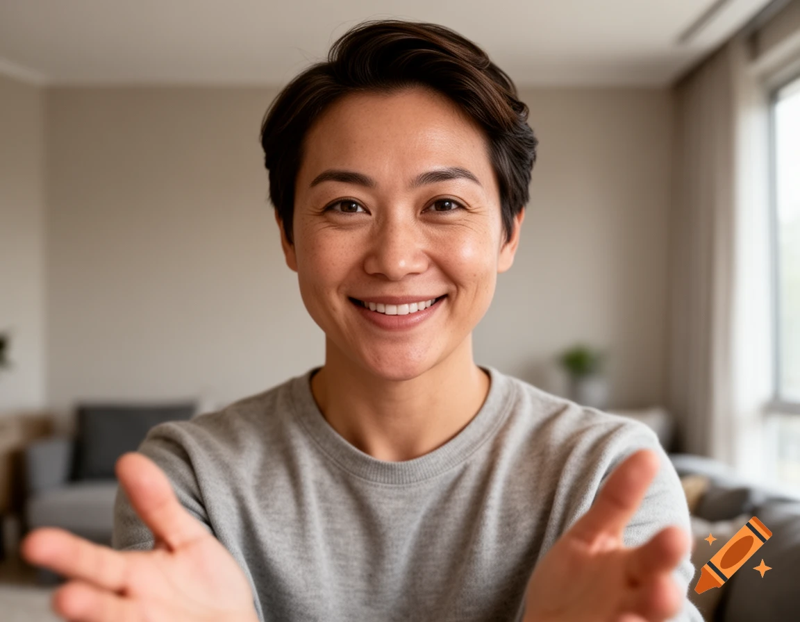 Close-up photorealistic portrait of a smiling person with short dark hair, reaching their hands forward toward the camera in a living room setting.