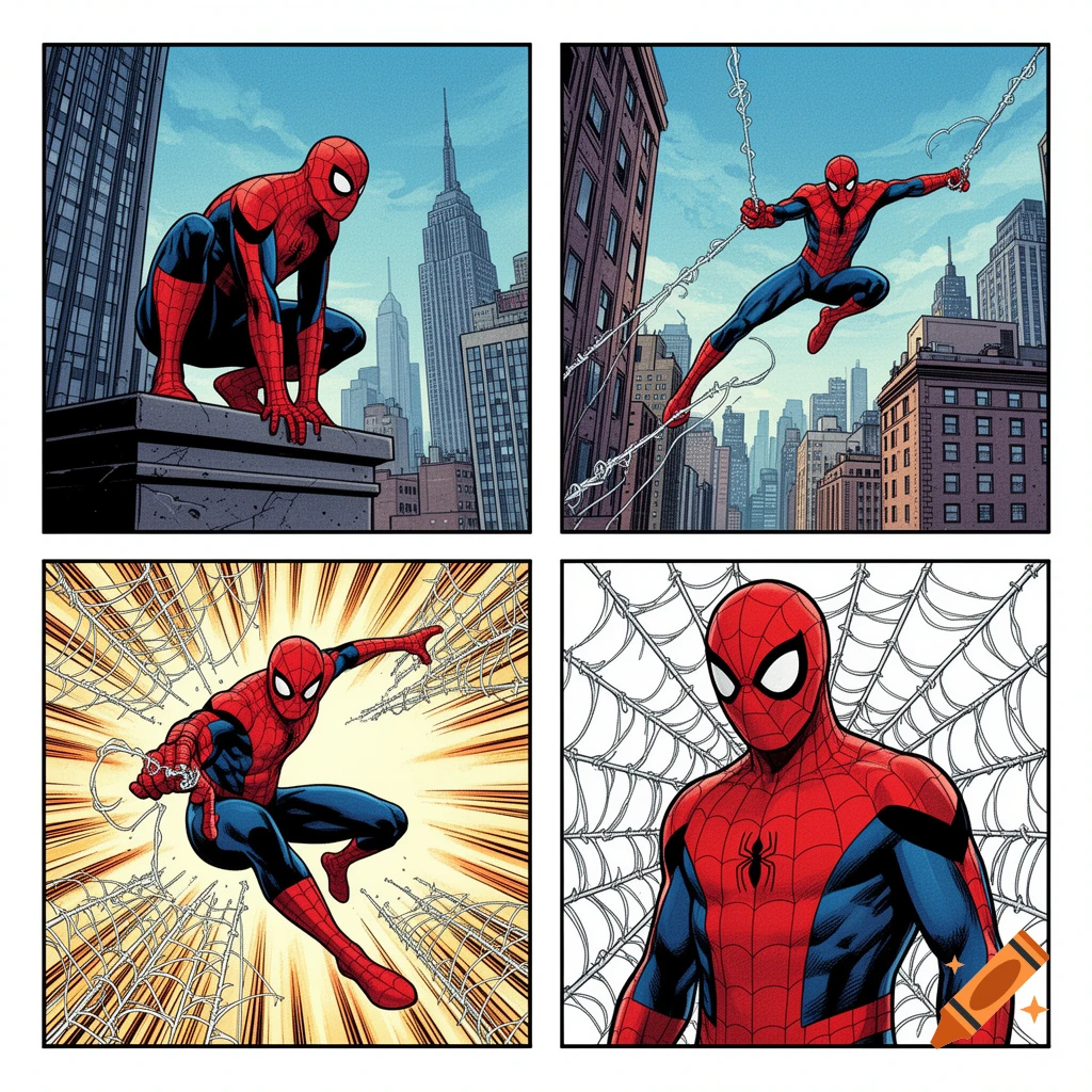 Comic book style four-panel split image showing Spider-Man in different dynamic poses in New York City.