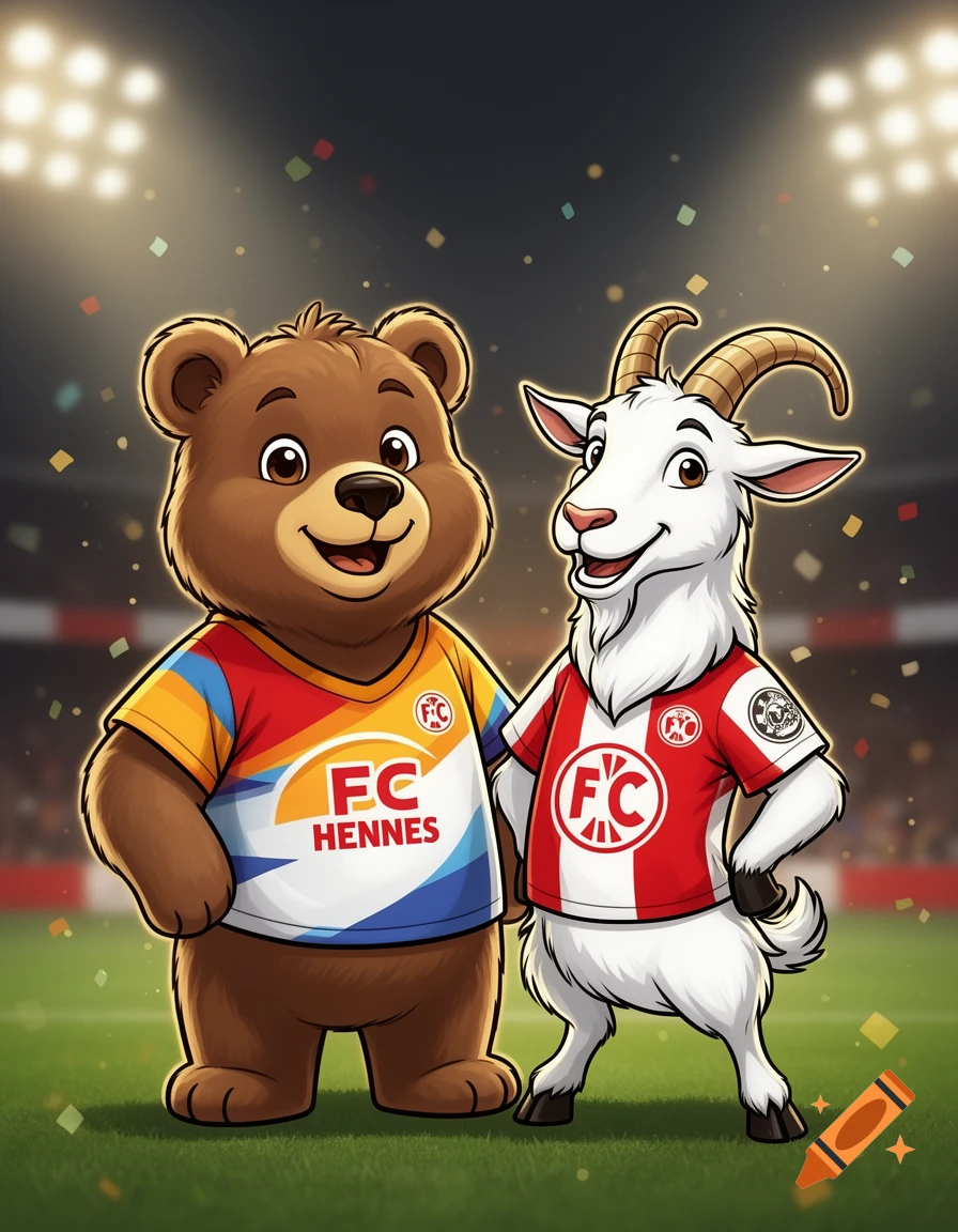 Digital illustration of a cute brown bear wearing a colorful FC Hennes jersey and a white goat mascot standing in a stadium with confetti.