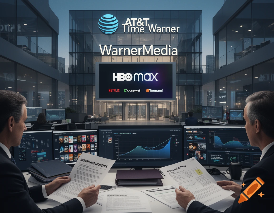 Photorealistic scene of two businessmen in suits examining documents and looking at monitors in a modern office.
