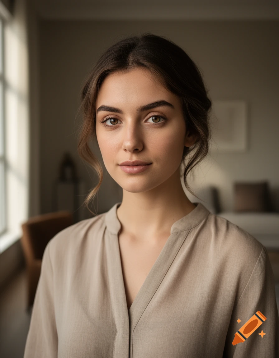 Photorealistic portrait of a young woman with brown hair and light eyes, wearing a beige top in a softly lit room.