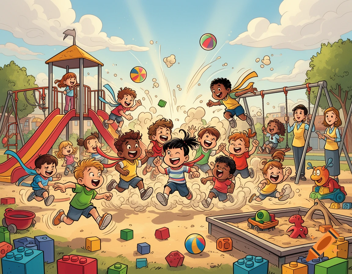Comic-style illustration of kindergarten children and teachers playing joyfully in a playground with toys.