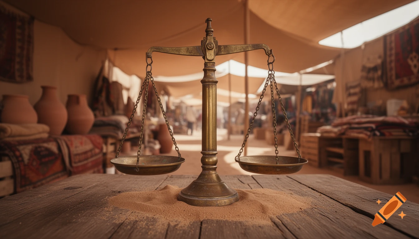 Photorealistic close-up of a tarnished brass apothecary scale on a wooden table with sand in a Bedouin market tent.