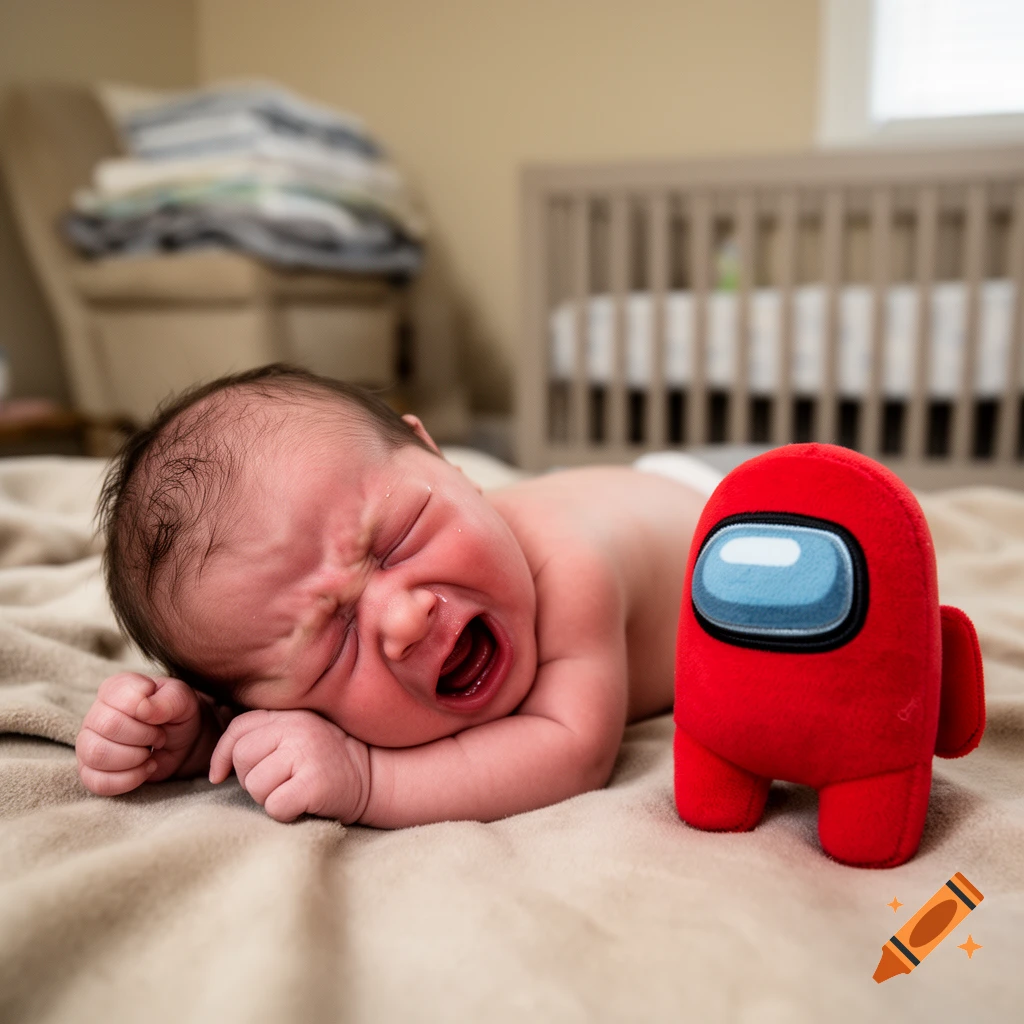 A newborn baby crying on a bed next to a red Among Us plush toy in a nursery.