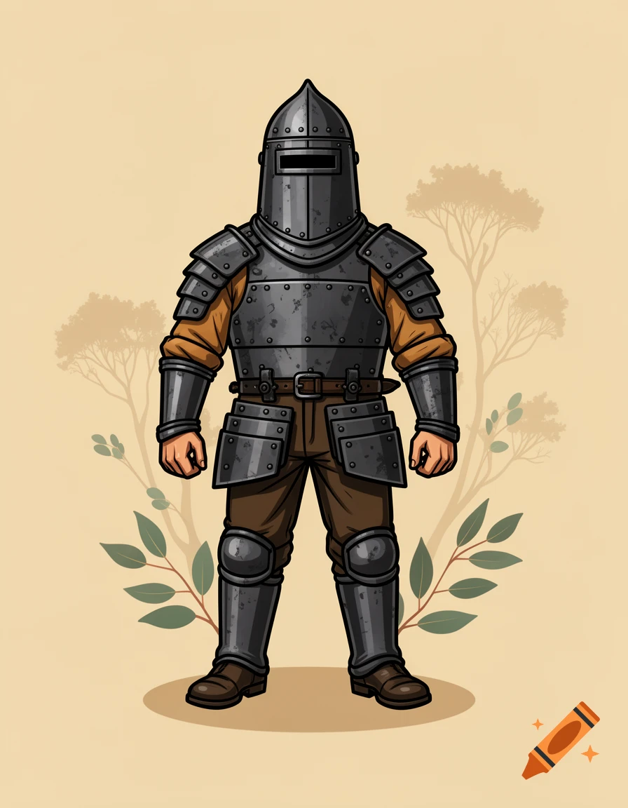 Clipart style illustration of Australian bushranger Ned Kelly in full metal armour and helmet standing against a neutral background.