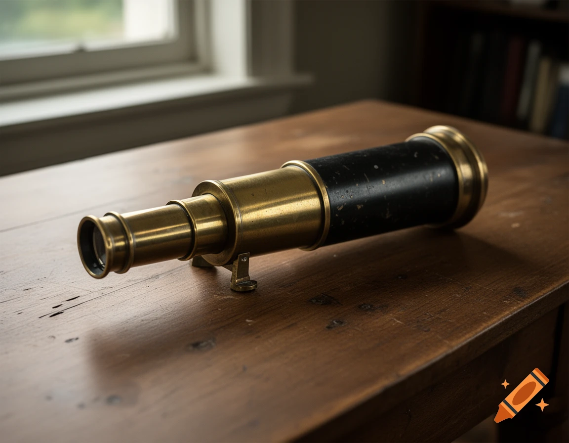 A vintage brass and black telescope rests on a wooden table near a window.