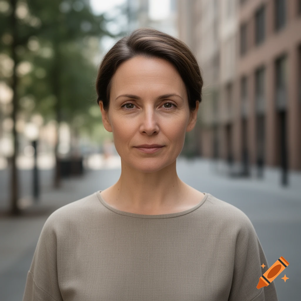 Photorealistic portrait of a woman with short brown hair wearing a beige top, outdoors with blurred buildings in the background.