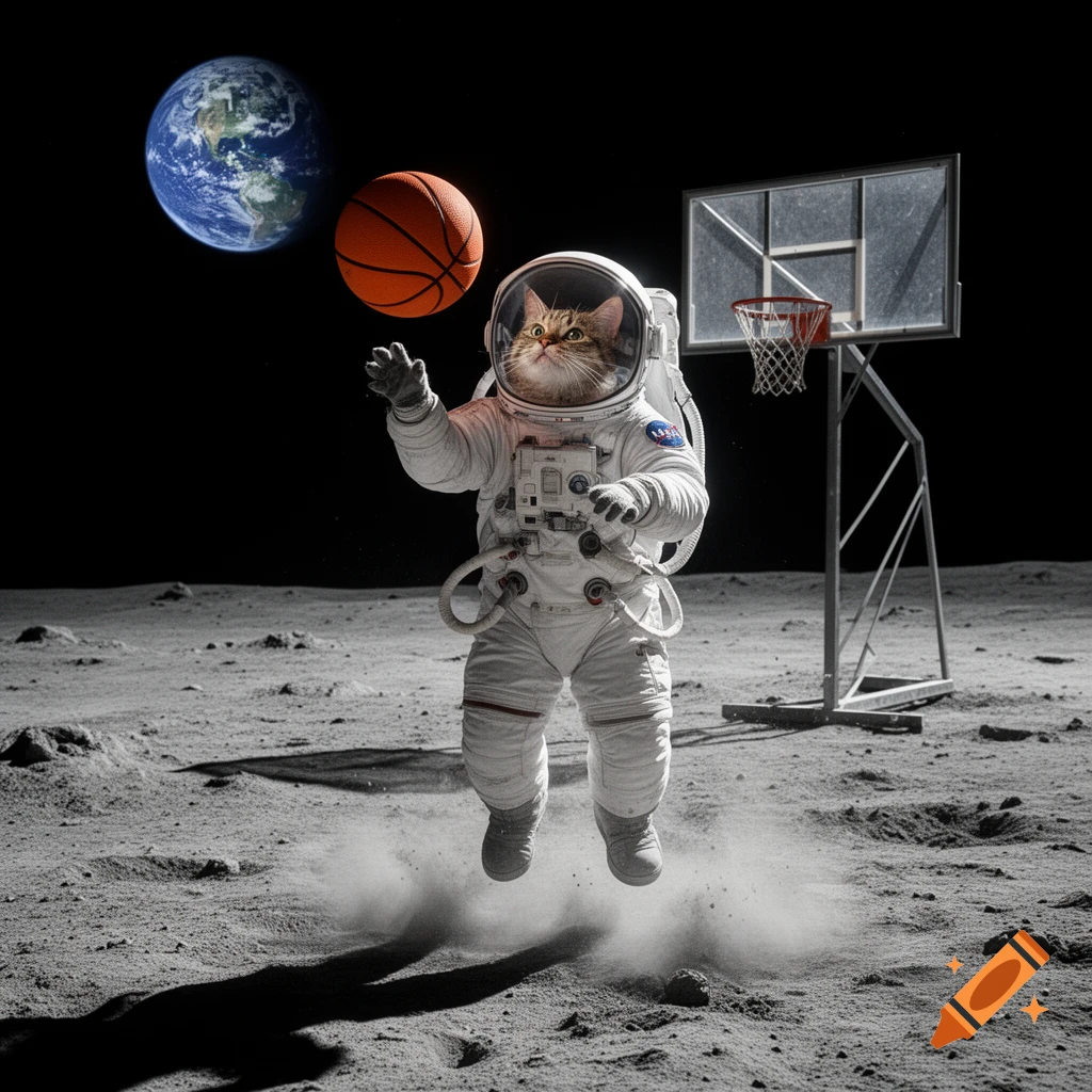 Photorealistic image of a cat wearing a space suit, playing basketball on the moon with Earth visible in the background.