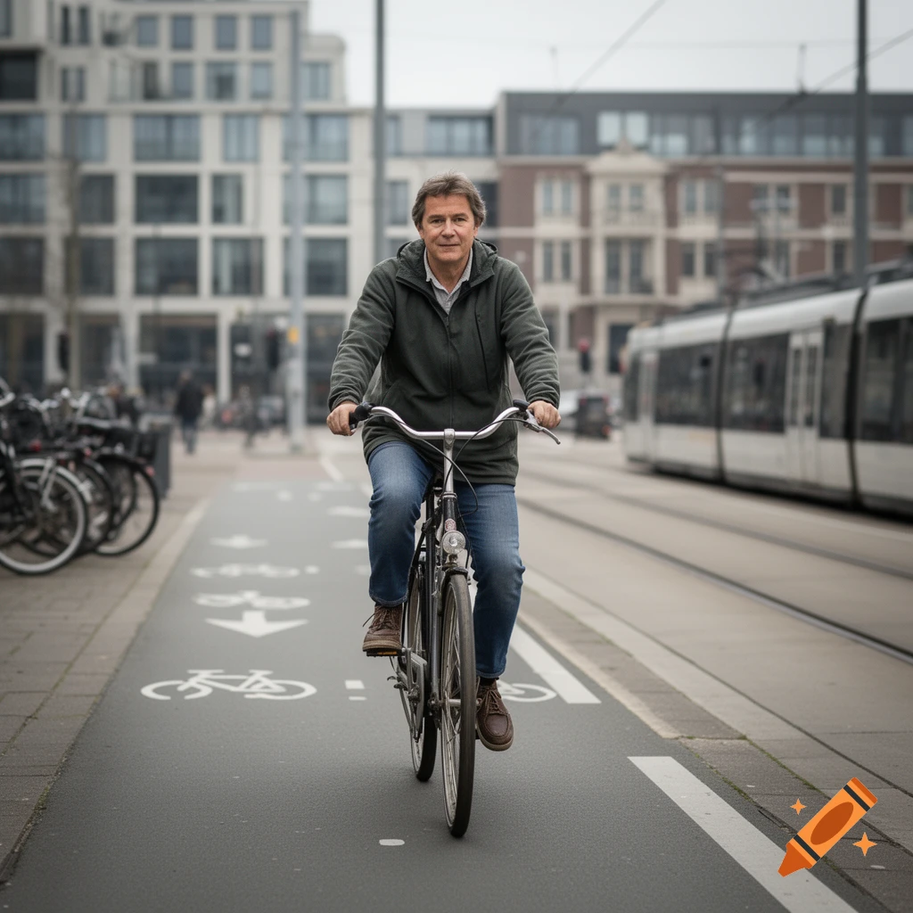 Photorealistic image of a man riding a bicycle on a designated bike lane in a city, with a tram and buildings in the background.