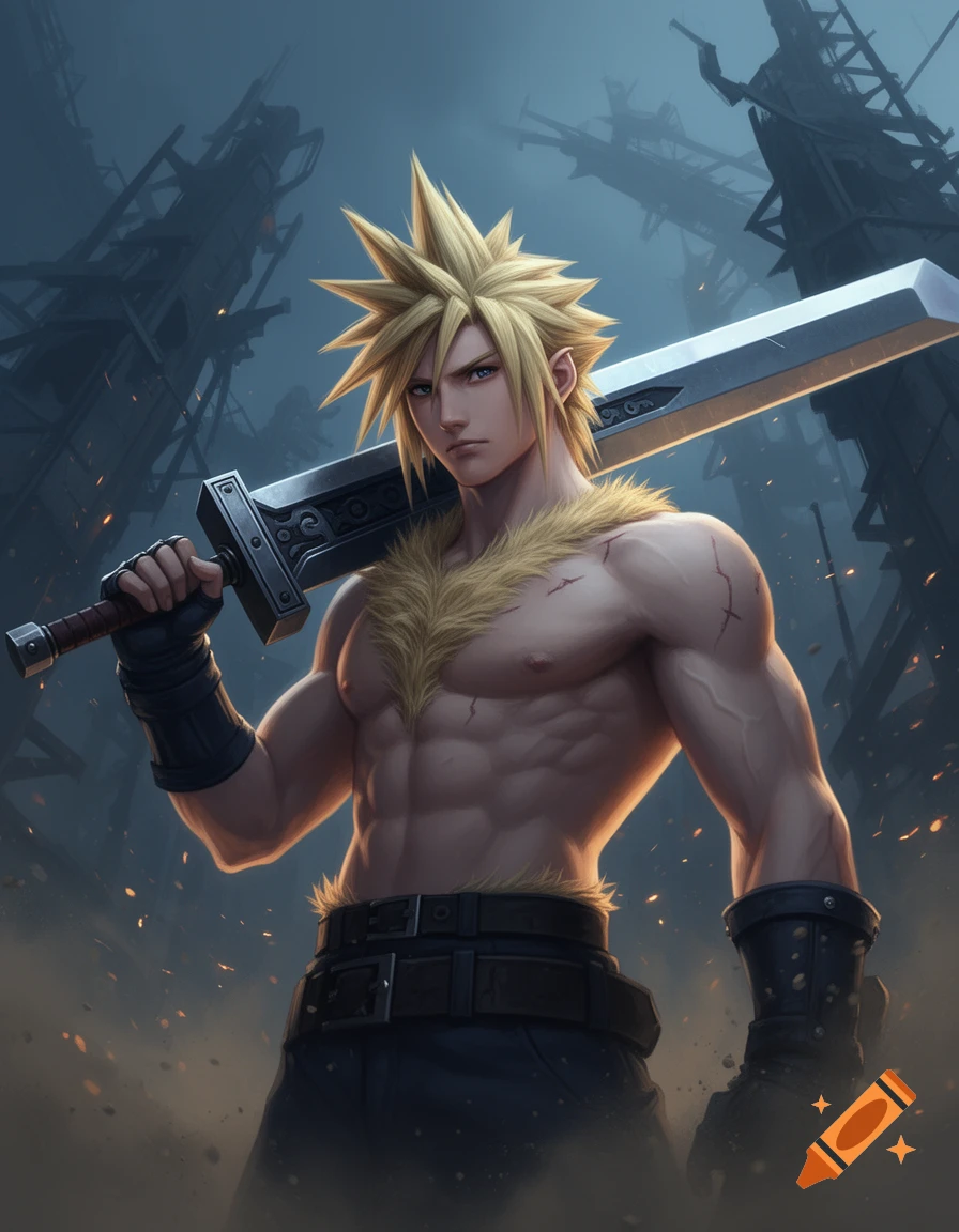 Digital illustration of a shirtless man with spiky blonde hair and chest hair, holding a large sword in a ruined industrial setting.