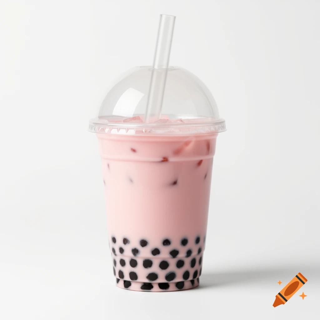 Photorealistic cup of pink bubble tea with tapioca pearls and a straw on a white background.