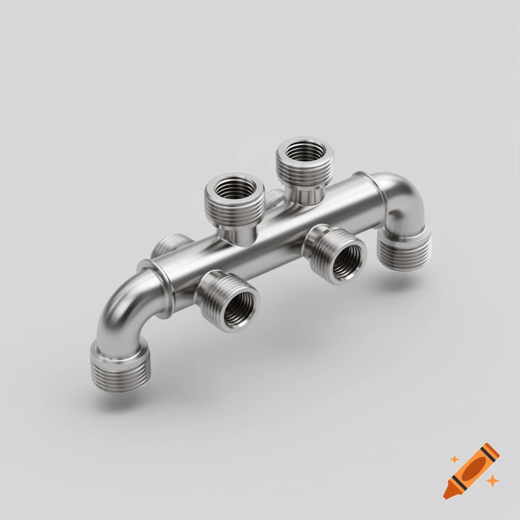 3D render of a stainless steel plumbing manifold with multiple threaded ports on a light gray background.