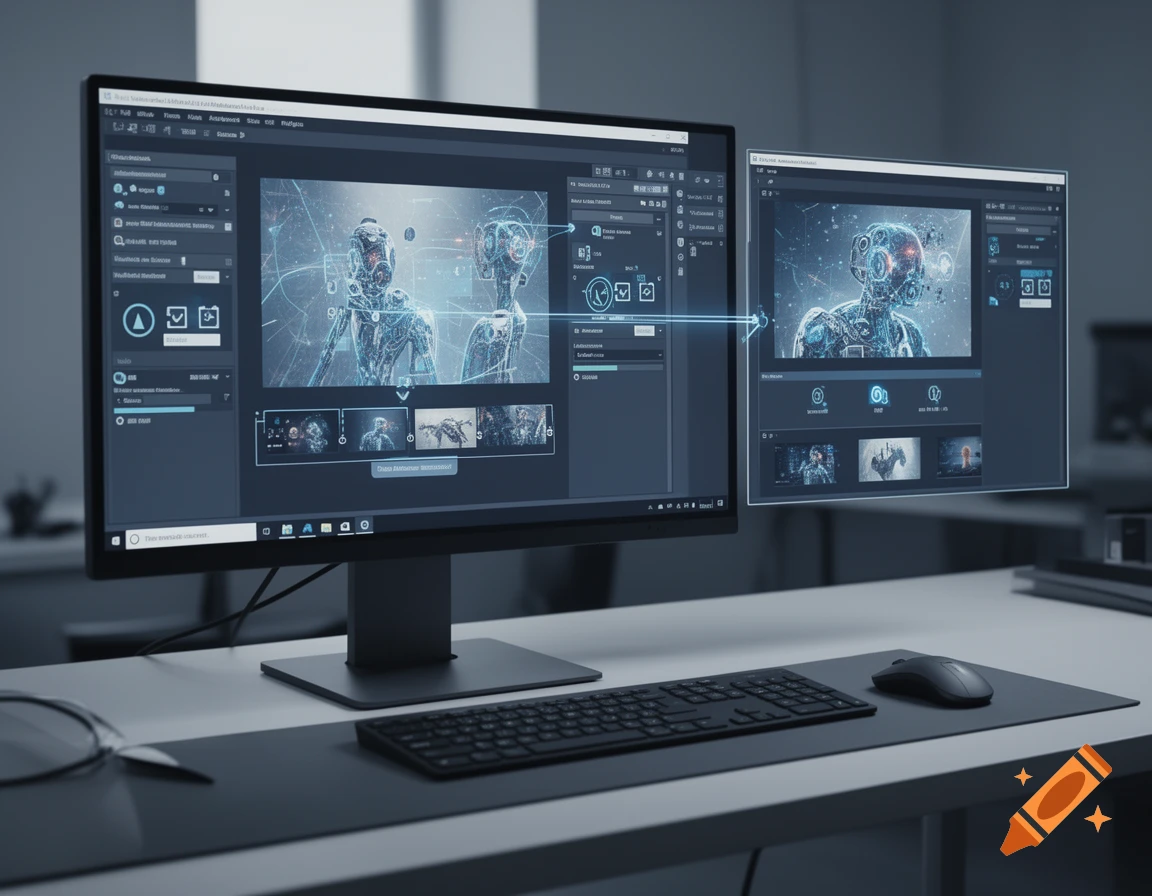 A modern computer setup with multiple monitors displaying software interfaces on a clean desk.