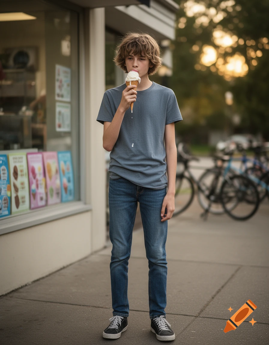 Photorealistic image of a lanky teenage boy eating an ice cream cone in front of a shop.