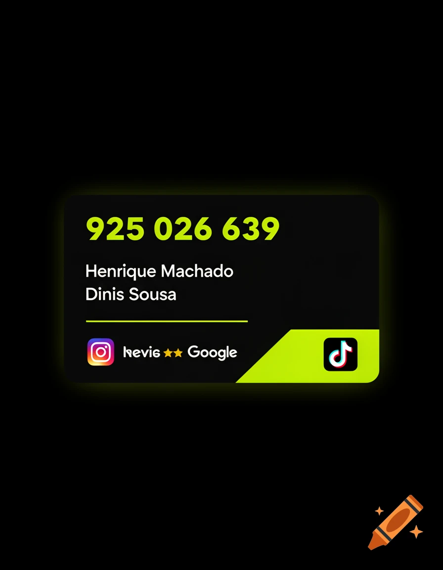 A black and neon green digital review card displaying phone number 925 026 639, names Henrique Machado and Dinis Sousa, and social media logos.