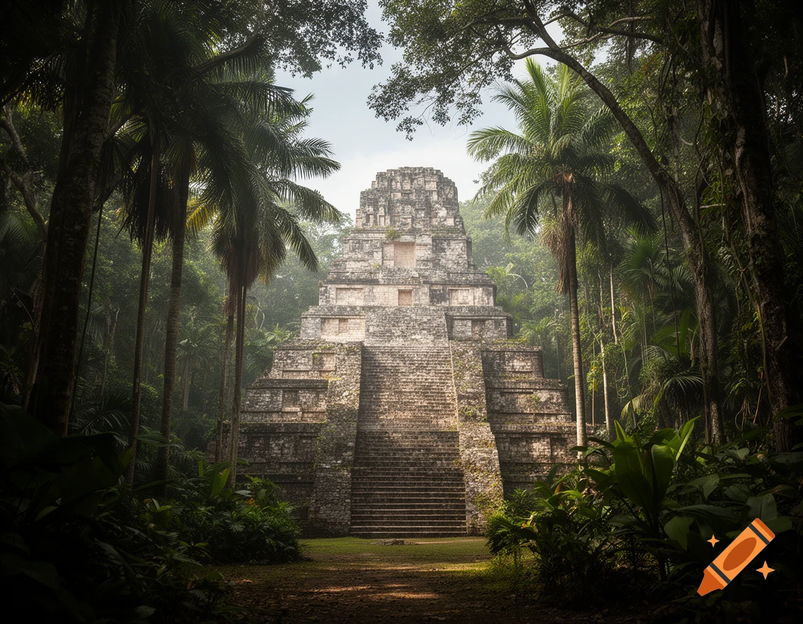 Photorealistic view of an ancient Mayan stone pyramid temple surrounded by lush green jungle and palm trees.
