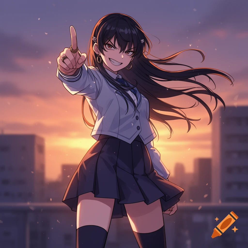 Anime style illustration of a girl with long dark hair and red eyes pointing forward at sunset with a city in the background.