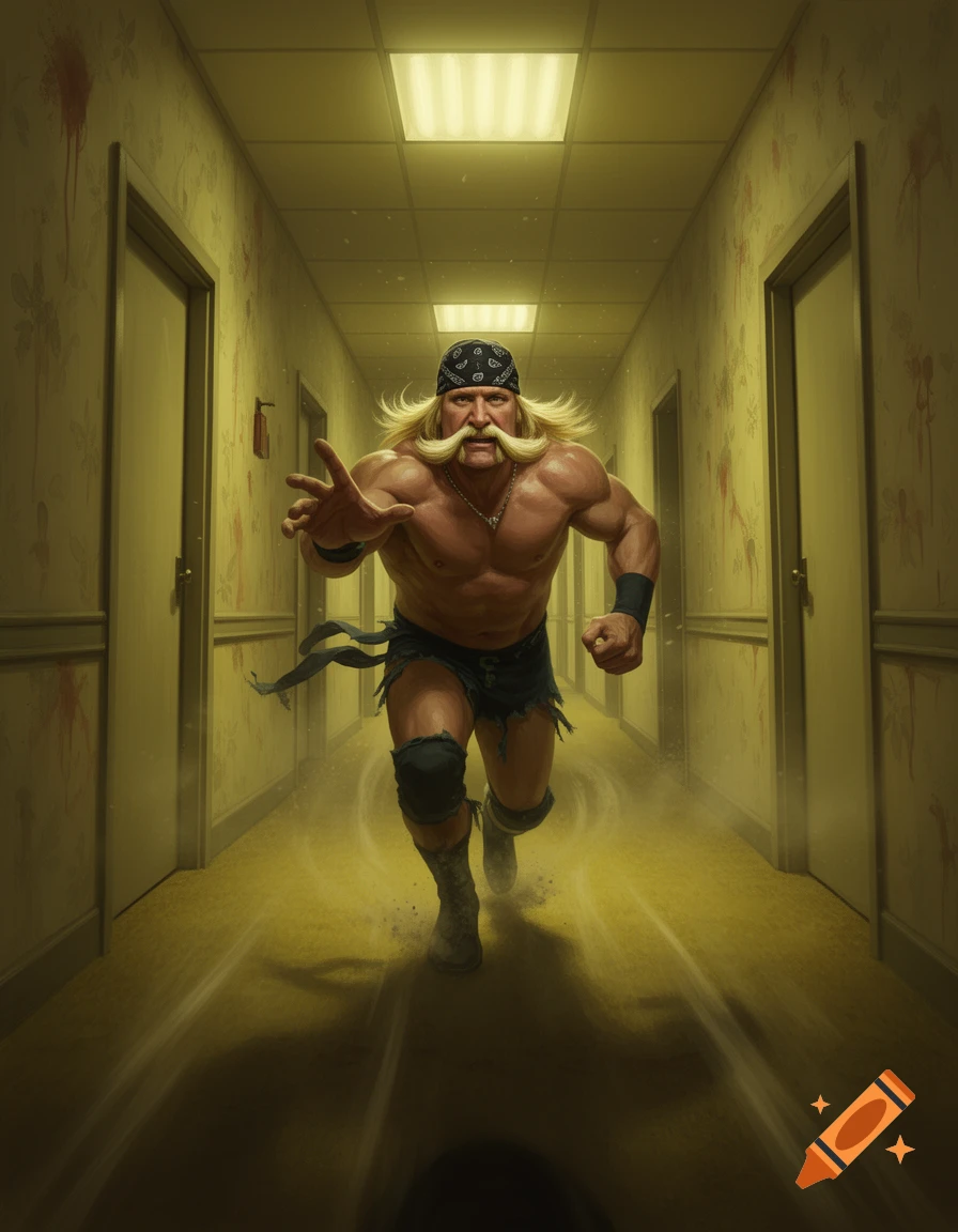 Muscular man with a blonde mustache and bandana aggressively chasing down a hallway with bloody walls in a digital art style.